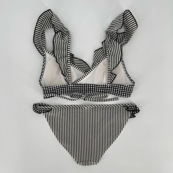 Aerie Seersucker Ruffle Wrap Bikini Scoop Top Swimsuit Set XS Black White NWT - Picture 5 of 9